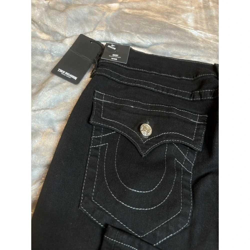 True Religion Jeans Ricky Relaxed NWT‎ Straight Black Button Flap Pocket 36x30